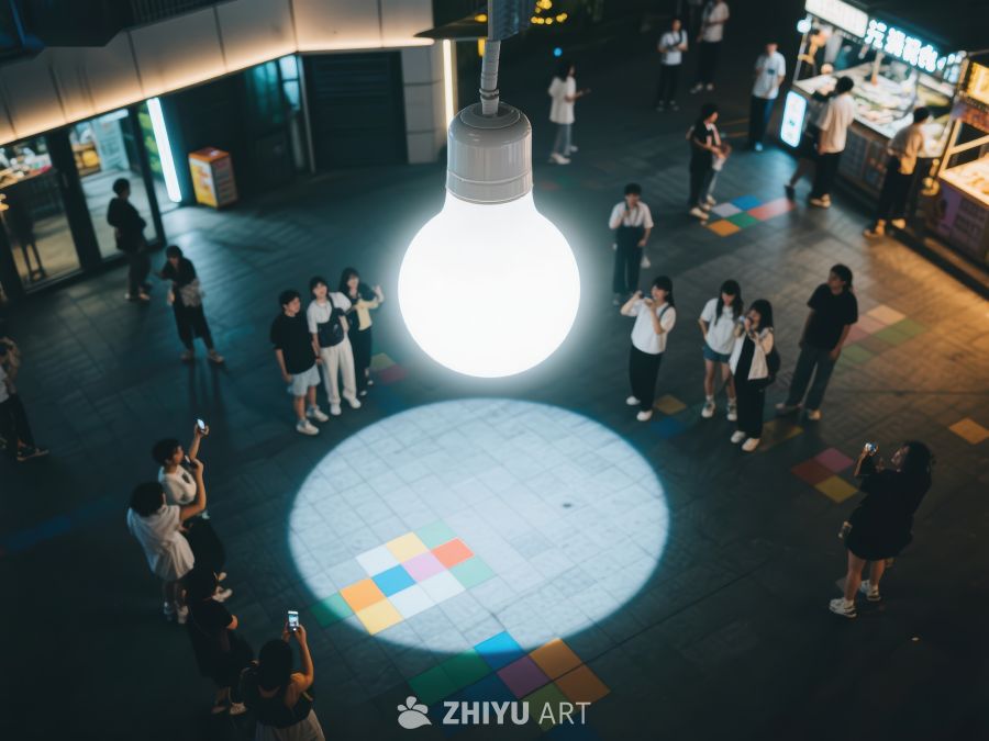 广场上的人群围绕发光灯泡装置 103