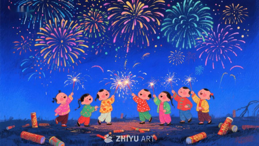孩子们在夜晚放烟花庆祝节日 302
