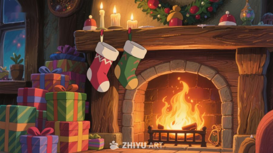 温馨圣诞夜，壁炉旁的礼物与袜子 270