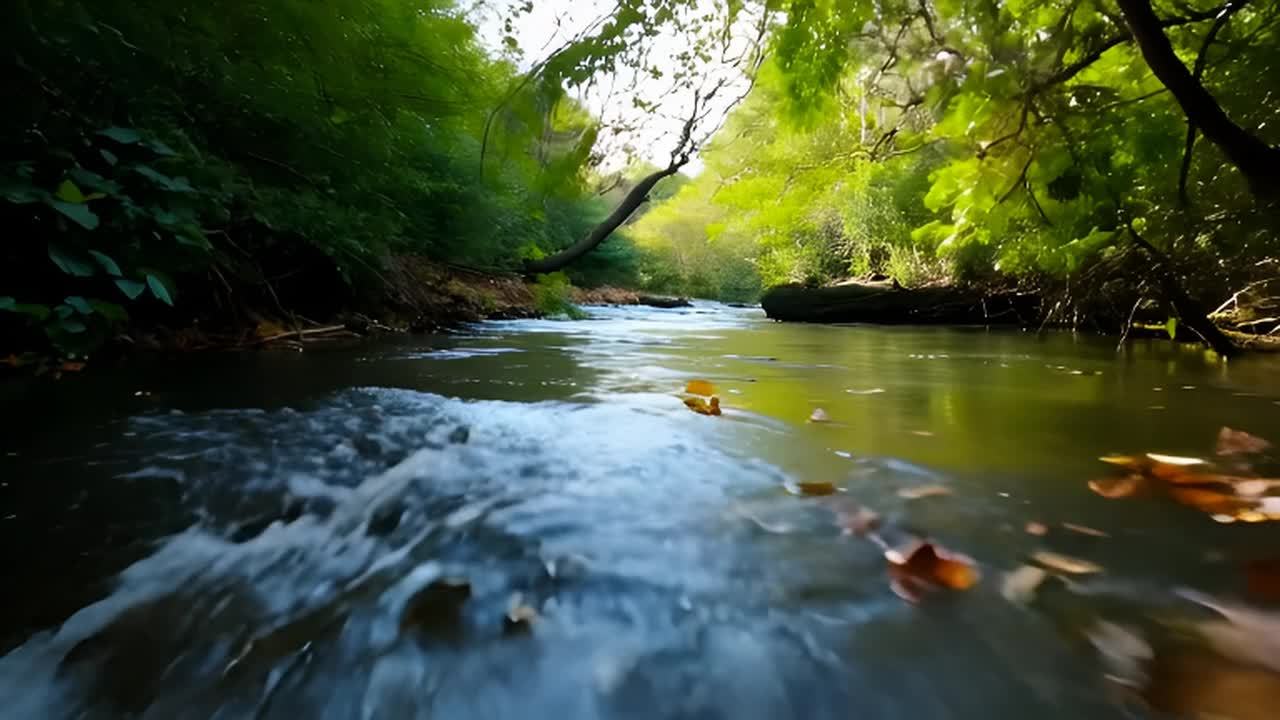 森林中的宁静河流缓缓流淌，水面泛起细微的涟漪。枯叶