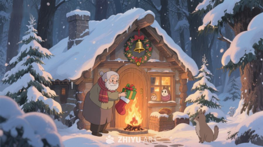 雪夜小屋前的温馨圣诞场景 333