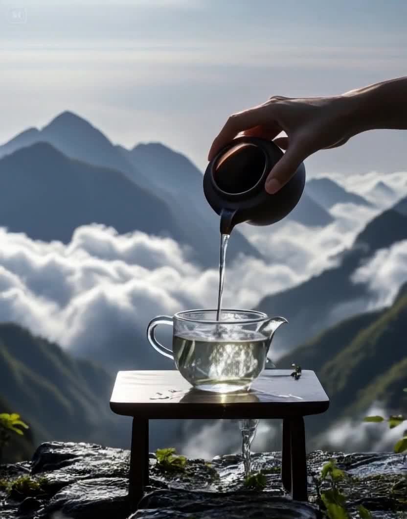 高山云海之上，茶水缓缓注入透明茶杯
