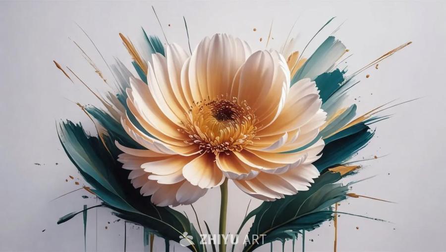 白色背景上，一朵色彩鲜艳的花朵，花瓣散发着柔和的光