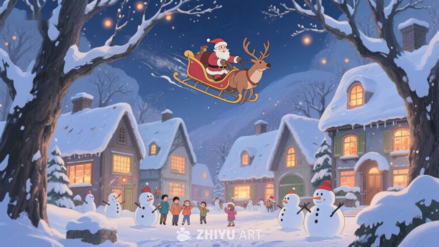 圣诞夜雪景中飞翔的驯鹿雪橇 240