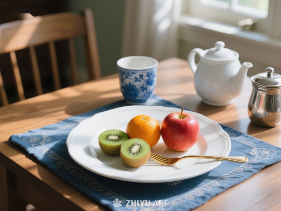早餐桌上的水果与茶具 788