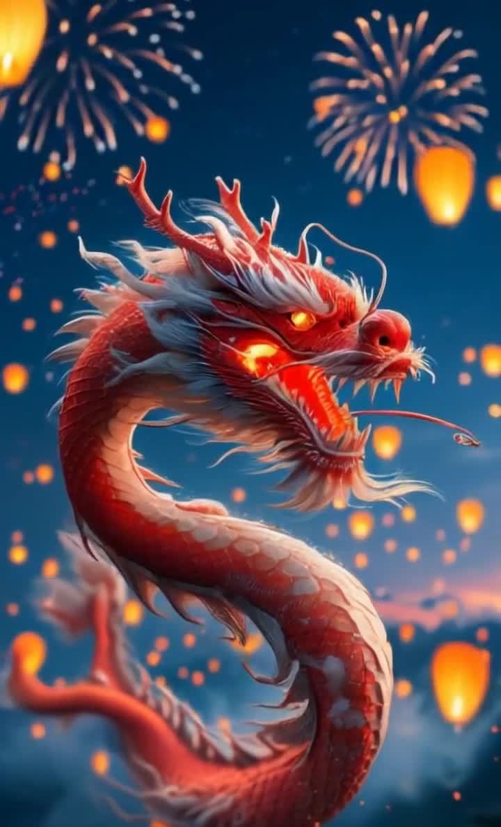 灯笼烟花红龙庆典夜空