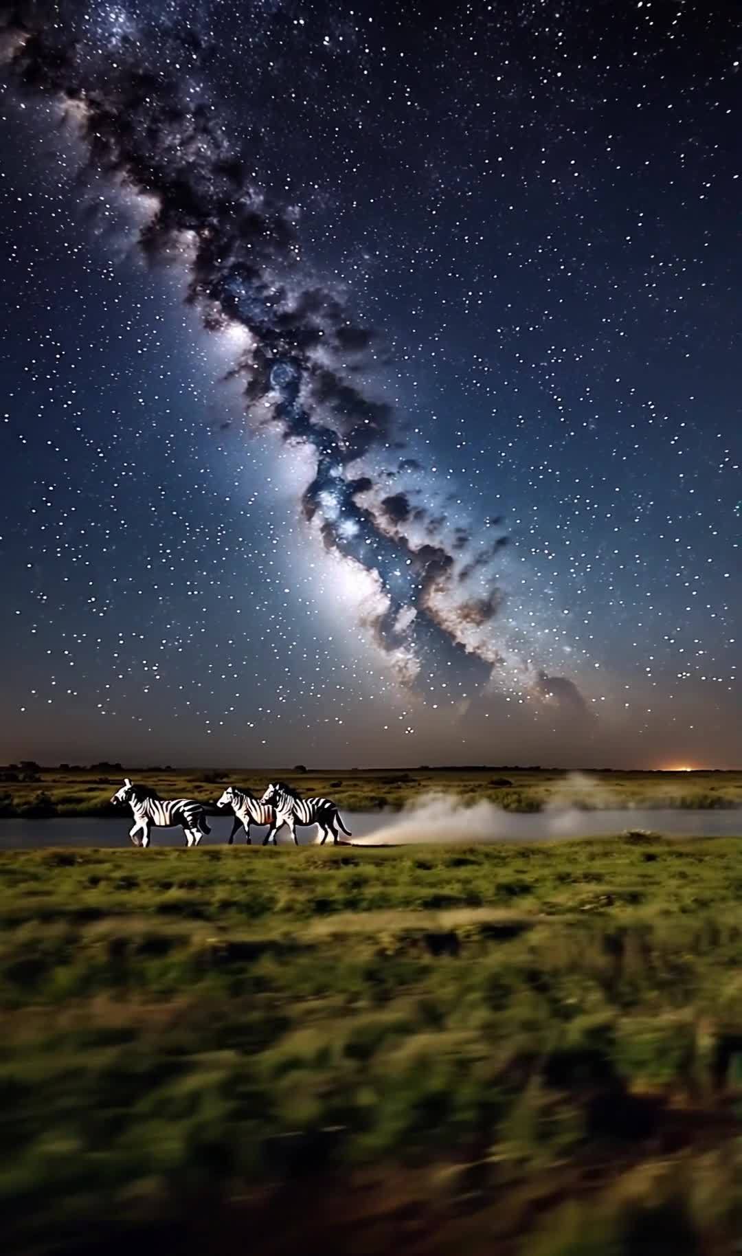 夜晚，星空布满星星，银河系呈现出彩霞般的颜色。绿色
