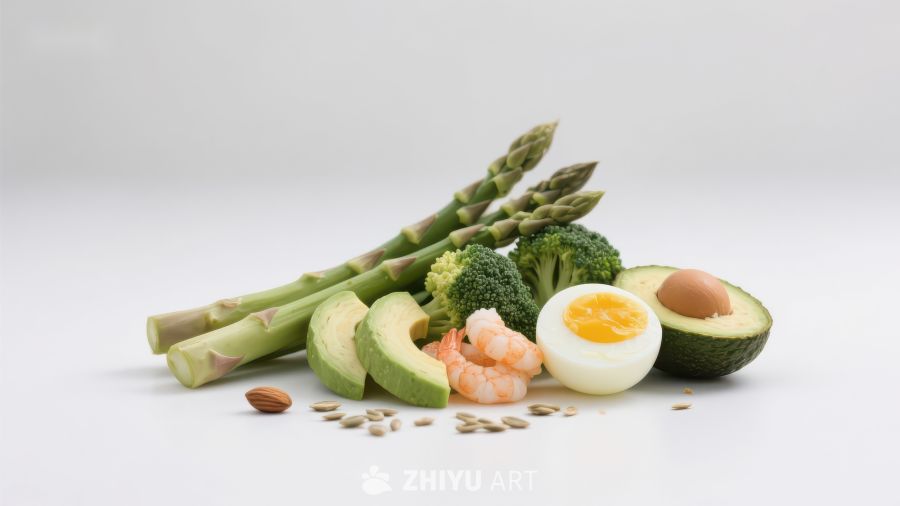 健康食材组合：芦笋、鳄梨、虾仁与鸡蛋