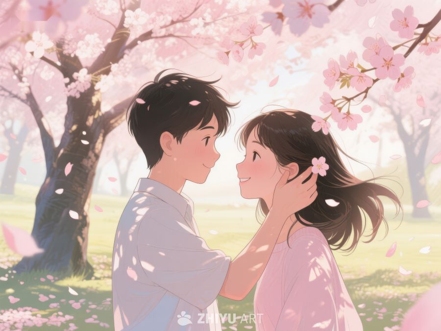 樱花树下情侣温馨对视 1116