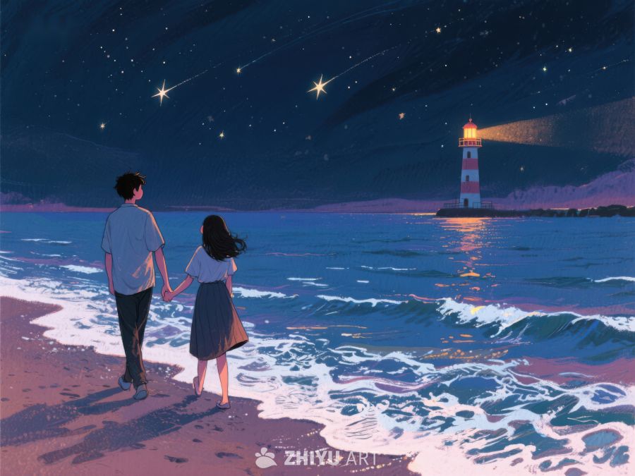 夜空下的灯塔与海岸漫步 975