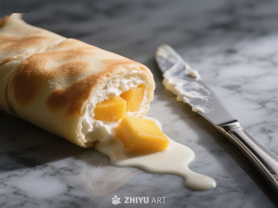 芒果奶油卷饼，刀旁溢出甜蜜