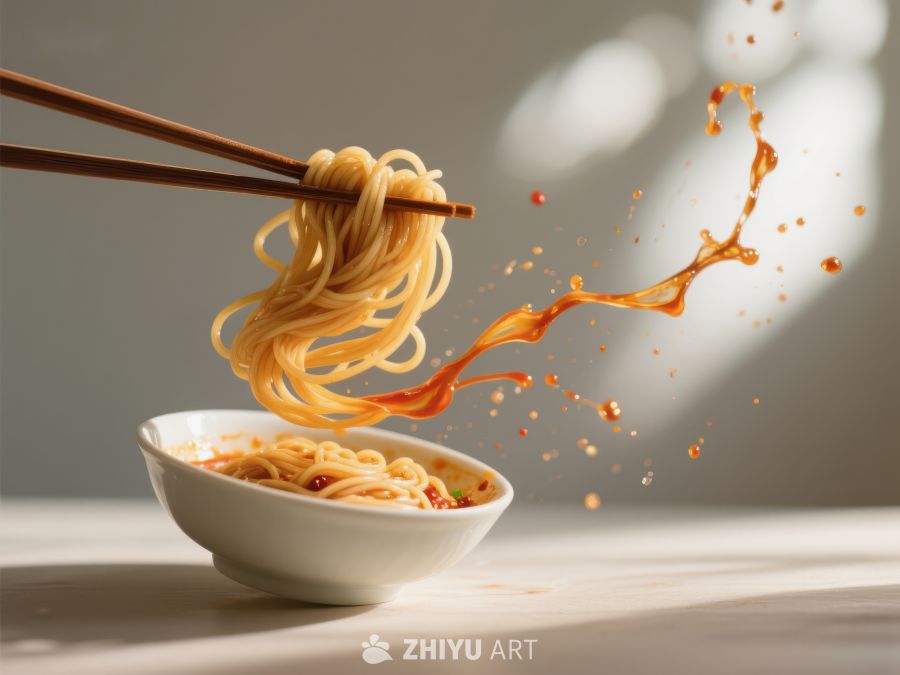 筷子夹起面条，汤汁飞溅瞬间 702