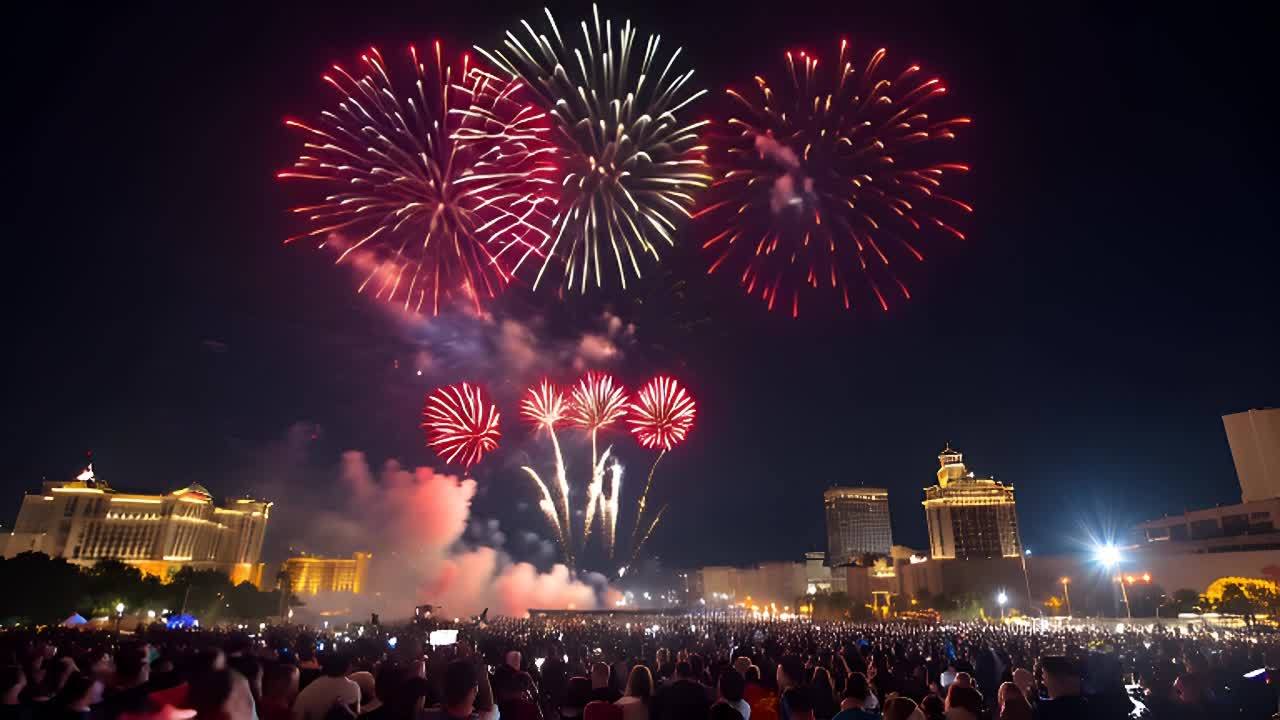 夜空中，有四团烟花绽放，呈现出红色和蓝色，并伴有白