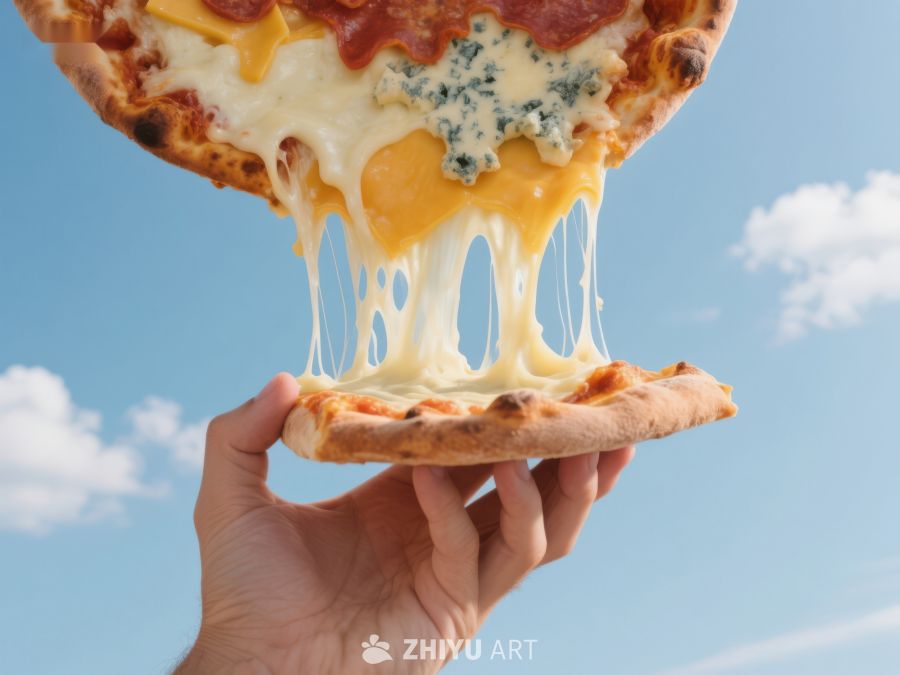 手握披萨，奶酪拉丝