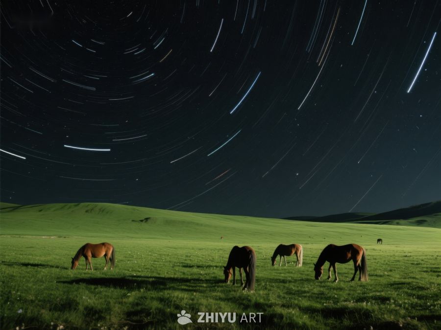 夜空星轨下的草原牧马 356