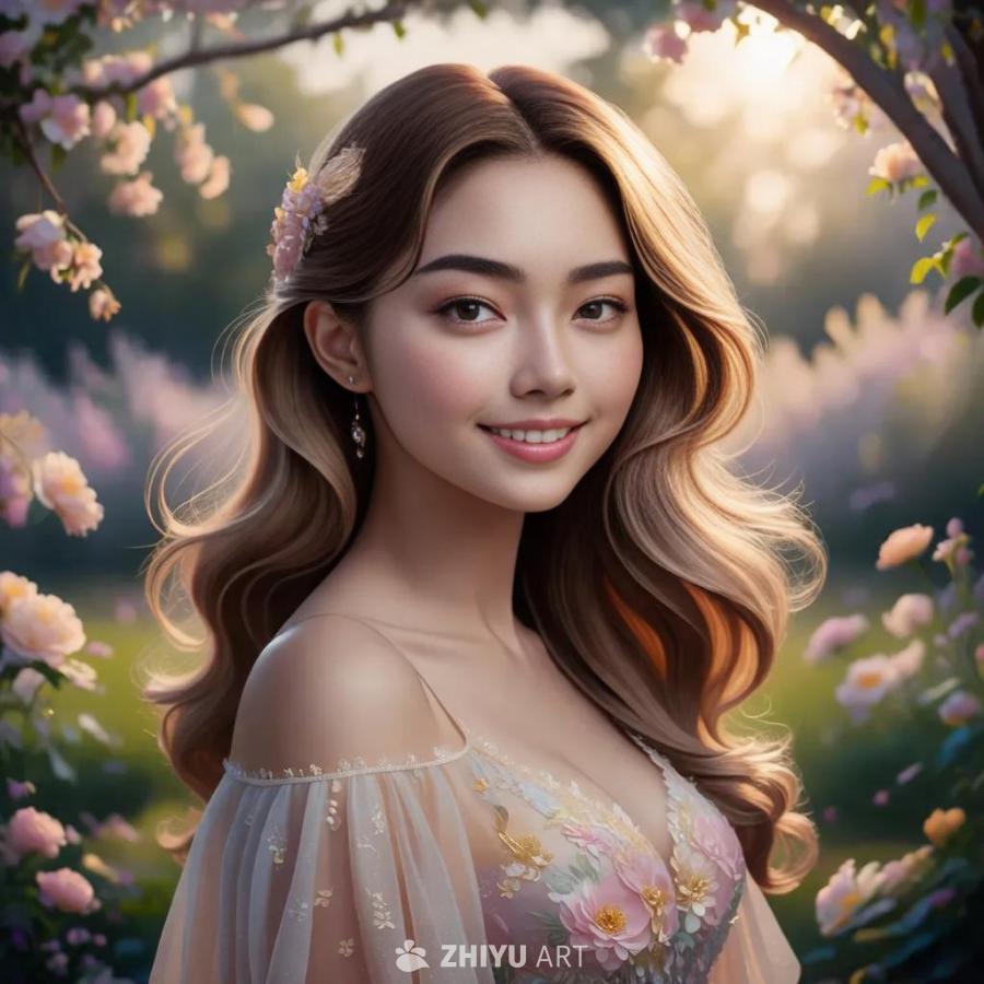 一位年轻女子，肌肤光滑，眼睛明亮。她留着柔顺的波浪