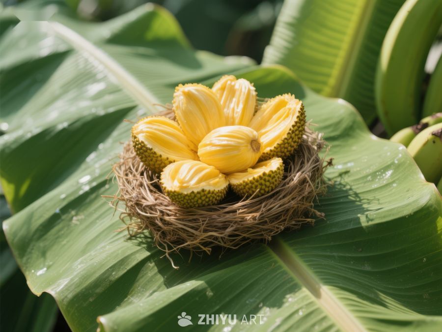 香蕉花置于鸟巢中，绿叶环绕 557