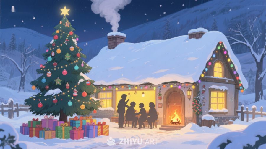 雪夜温馨圣诞树与小屋 389