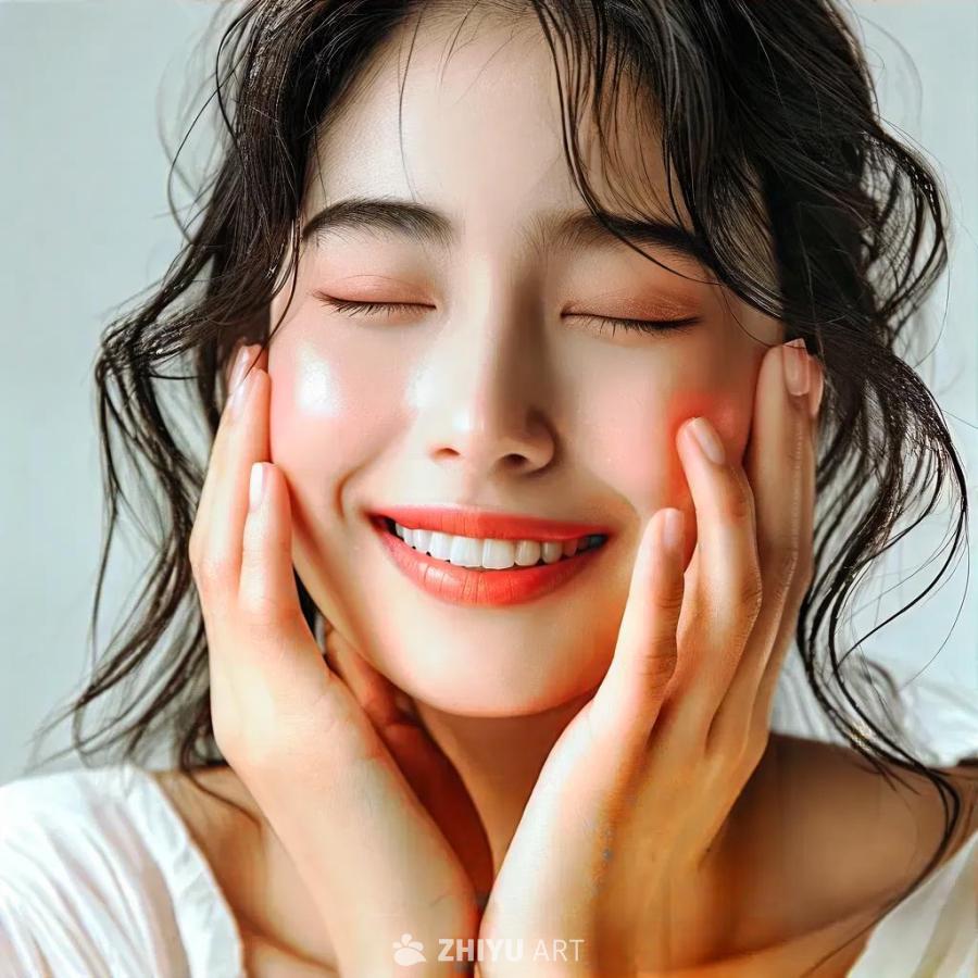 一位黑发女子面带微笑，一只手轻扶脸颊，另一只手轻轻