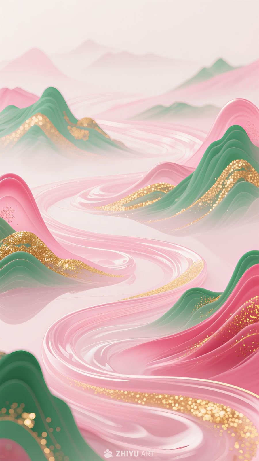 金箔中国风山水河流插画背景素材 5