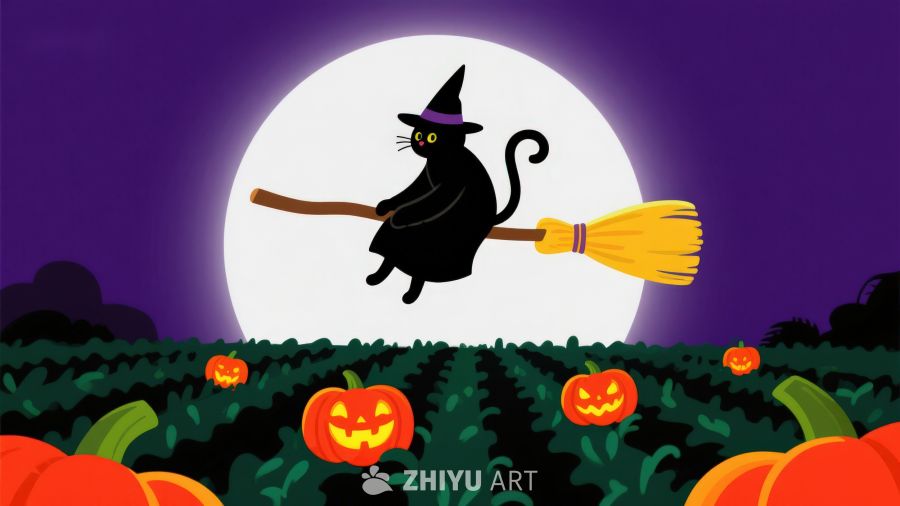 万圣夜猫巫骑扫帚飞过南瓜田