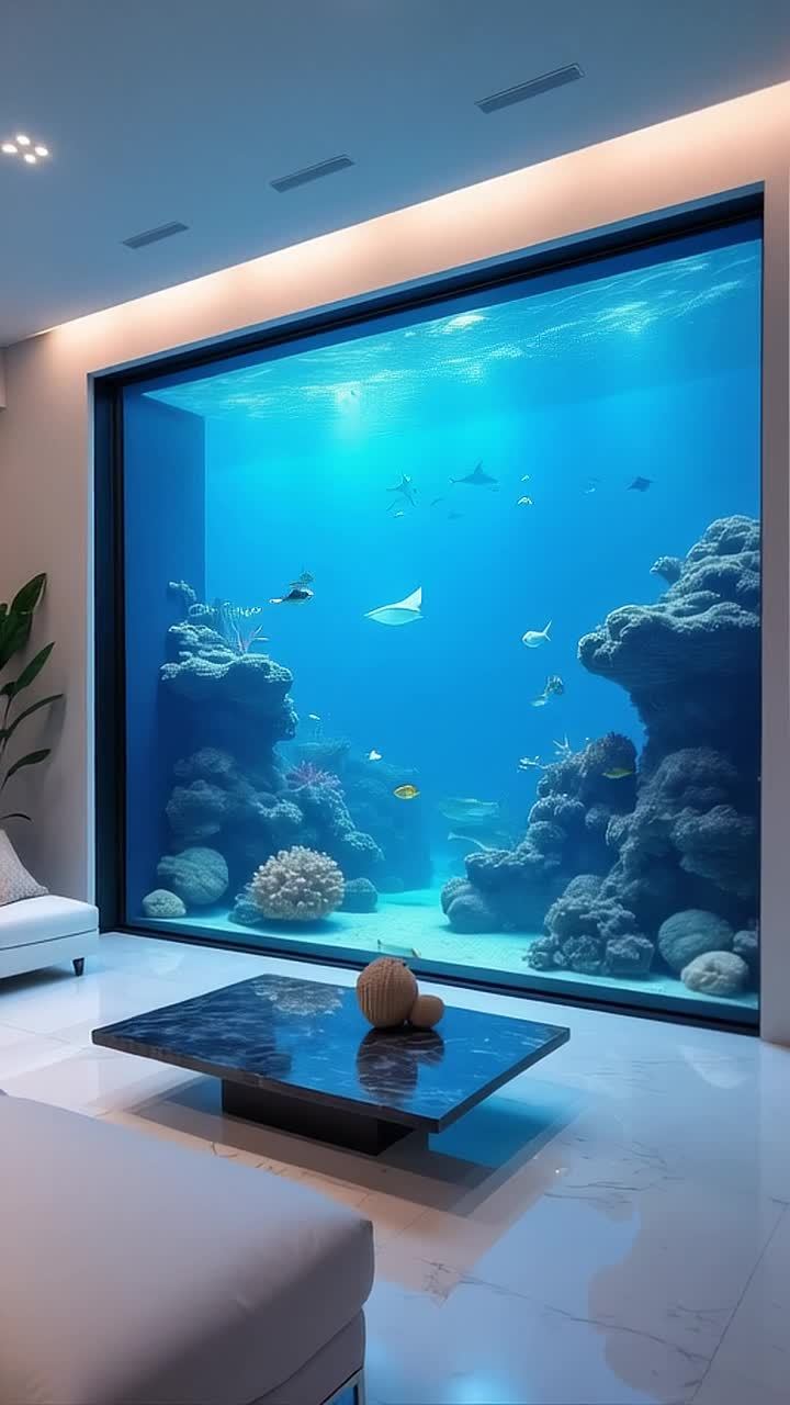 一个开阔的客厅里，一面巨大的落地盐水水族箱镶嵌在墙