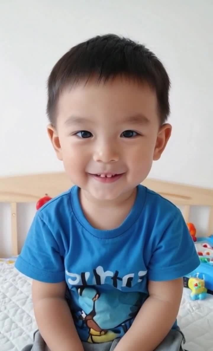 一个穿着蓝色T恤的小男孩正坐在床上，面带微笑地看着