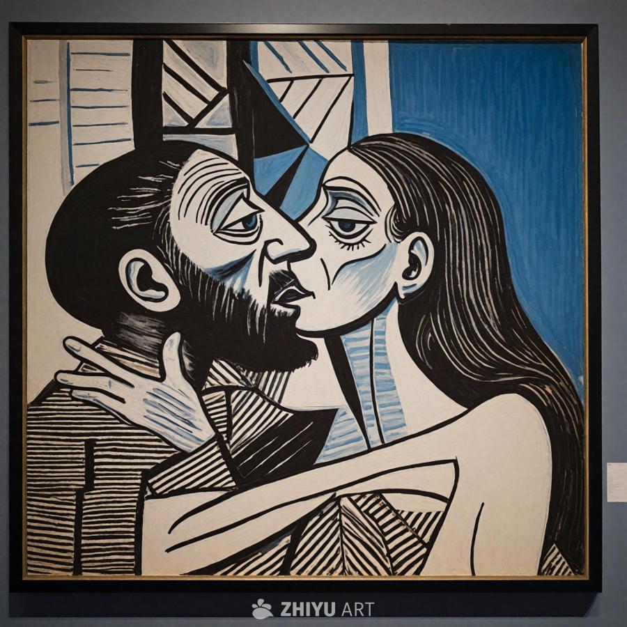 一幅画作，描绘了一个男人和一个女人拥抱在一起。男人