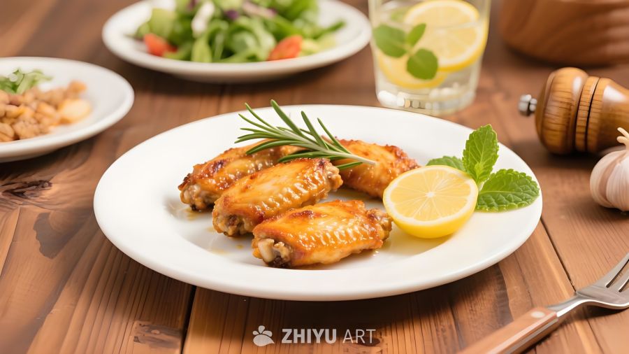 美食摄影白色圆盘盛烤鸡翅搭迷迭香柠檬精致西餐摆盘沙拉柠檬水