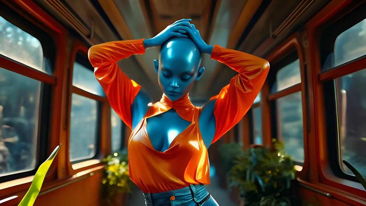 车厢内，一位蓝色皮肤的外星人穿着光滑的橙色服装，双