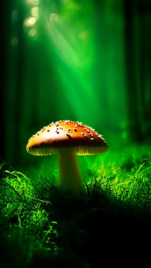 一个蘑菇在绿色的草地上，蘑菇的伞盖是棕色的，上面有
