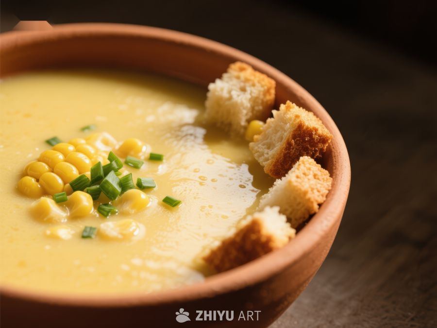 玉米浓汤配面包丁