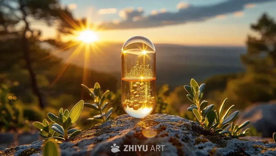 一颗维生素D2药丸，沐浴在温暖的金色光芒中，矗立在