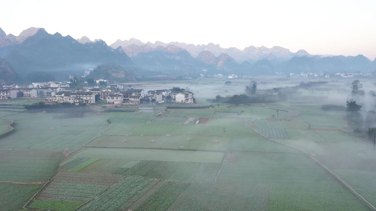 航拍乡村乡间田野乡村振兴平流雾