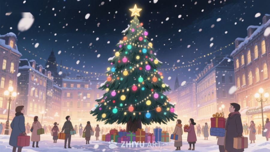 雪夜中的圣诞树与礼物 478