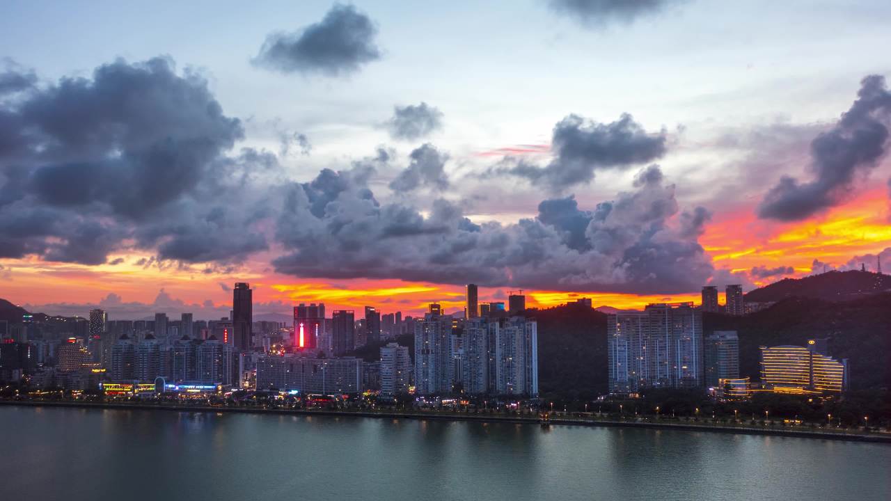 珠海拱北空镜晚霞十