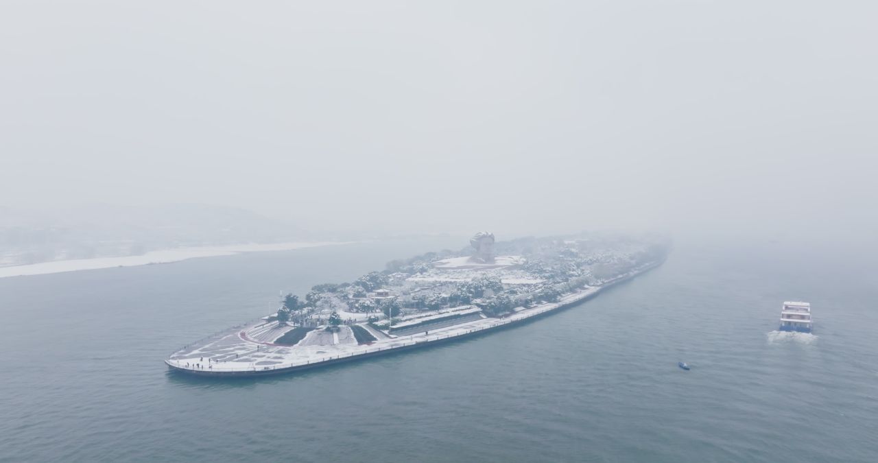 湖南长沙橘子洲头雪景航拍 5
