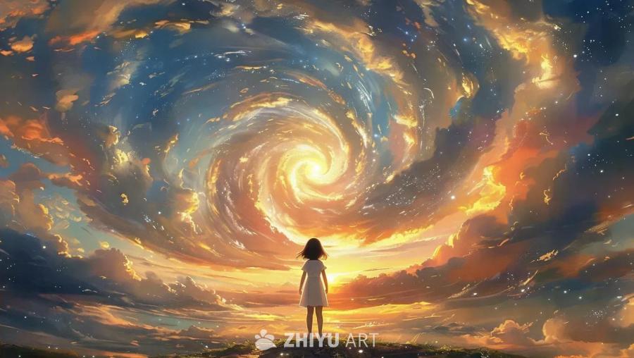 一个小女孩站在山丘上，面向天空中的一个漩涡状发光体