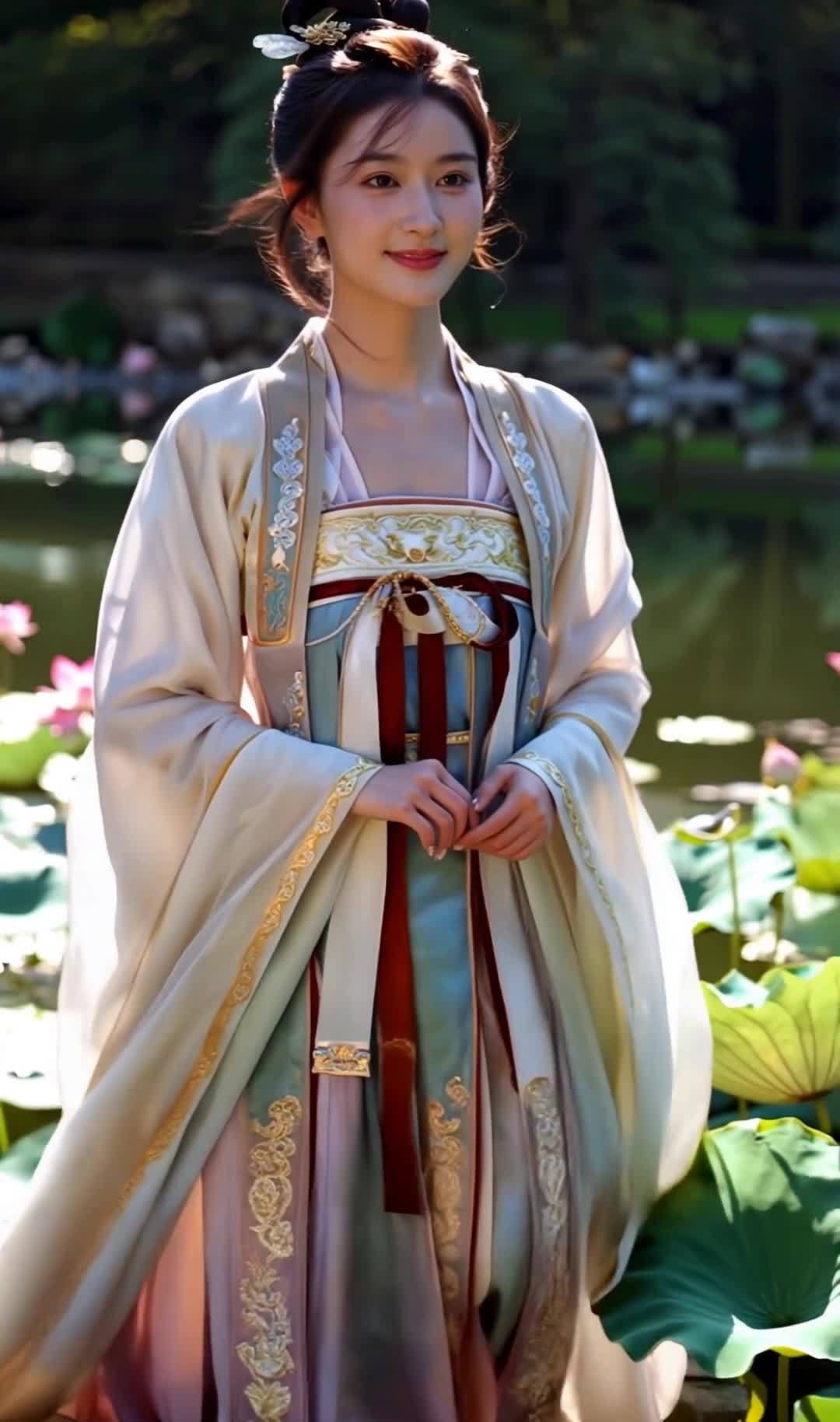 一位年轻女子身着中国汉代服饰，面带微笑，动作是慢步