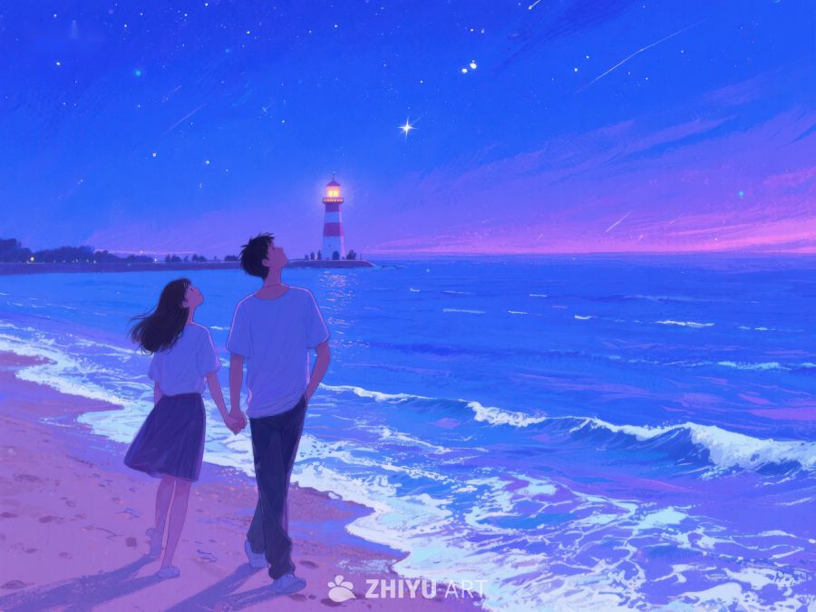 海边夜景下的情侣漫步 232