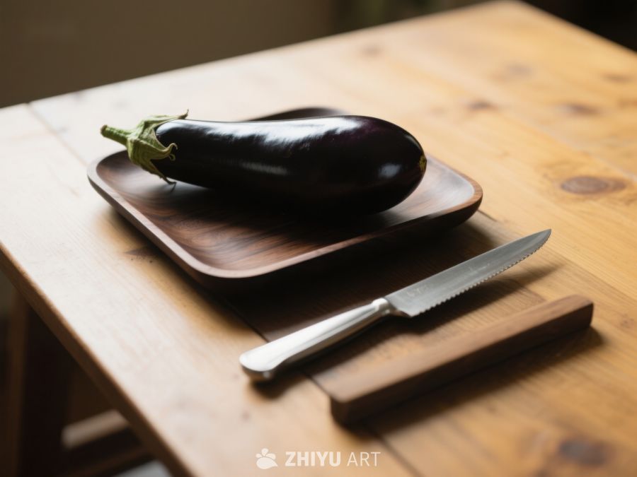 茄子置于木质托盘旁配刀具 240
