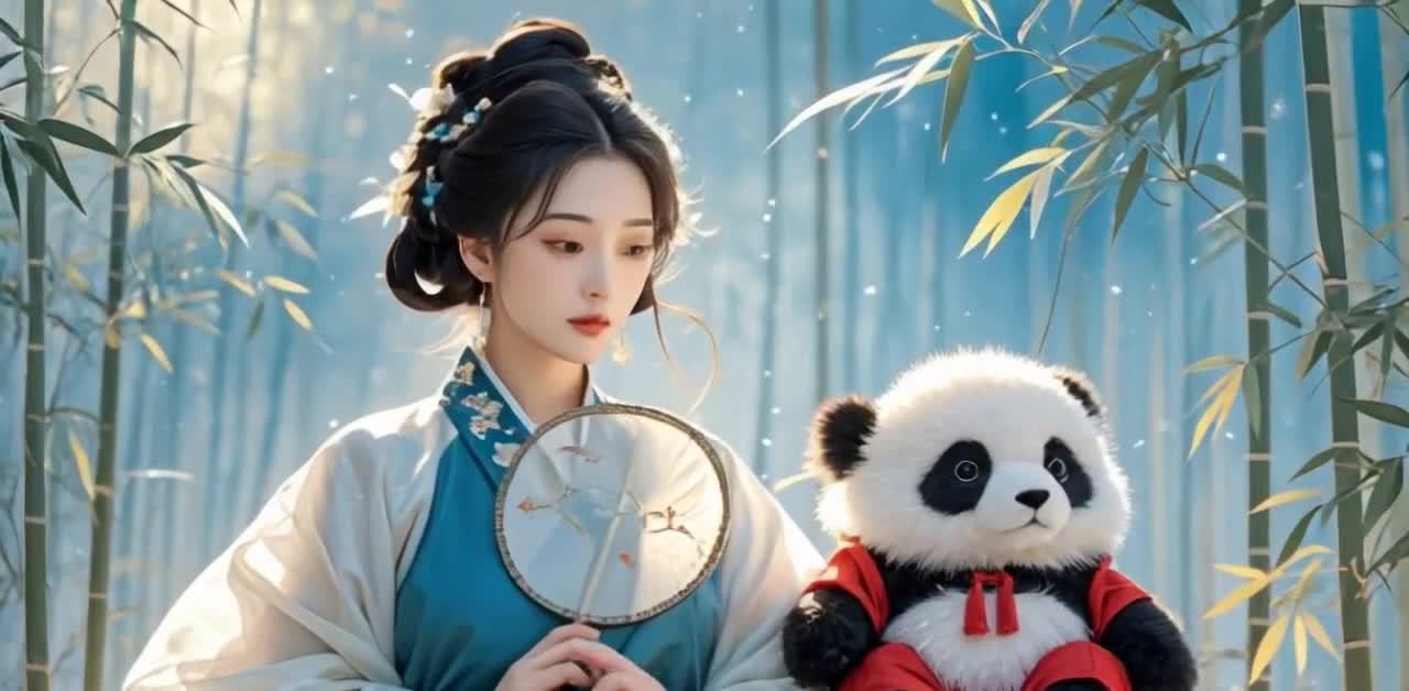 汉服女子竹林团扇与熊猫