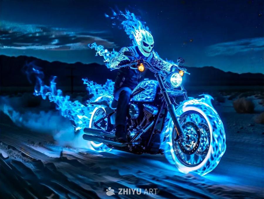 一个燃烧着蓝色火焰的骷髅骑士骑着摩托车行驶在类似于