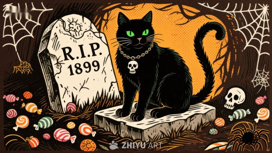 万圣节黑猫与墓碑的神秘场景
