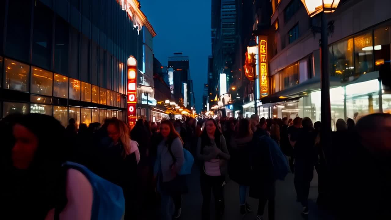 夜色中，许多行人走在城市街道上。街道两旁有高楼，霓