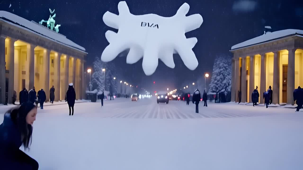 在雪覆盖的柏林街道上，一位女士走着，雪花在她周围轻