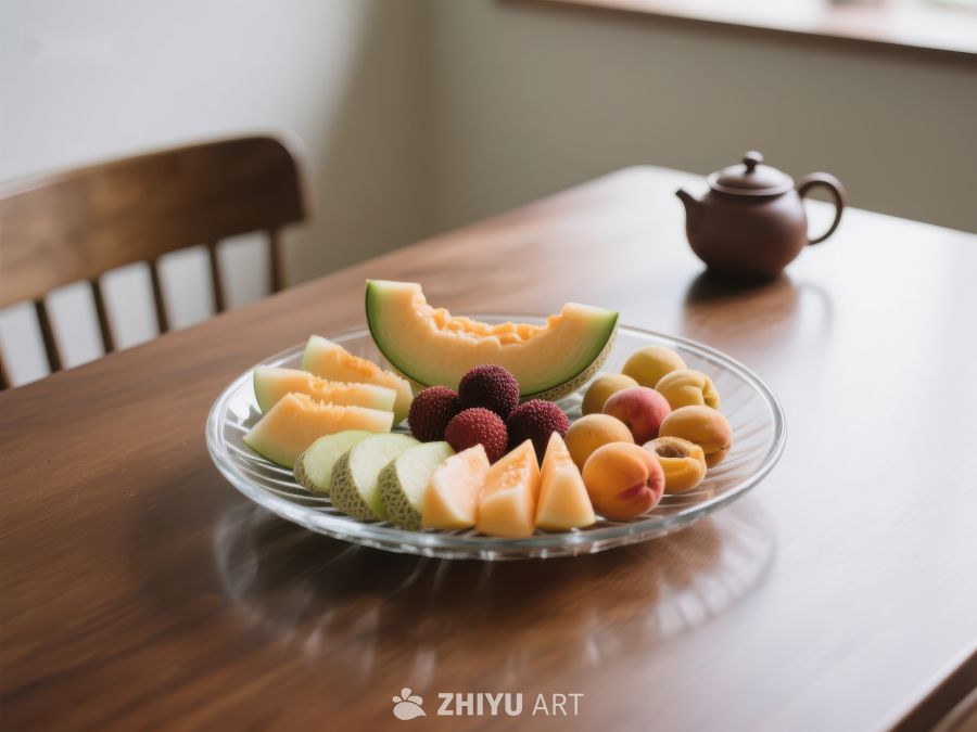 桌上摆放的水果拼盘与茶壶 728