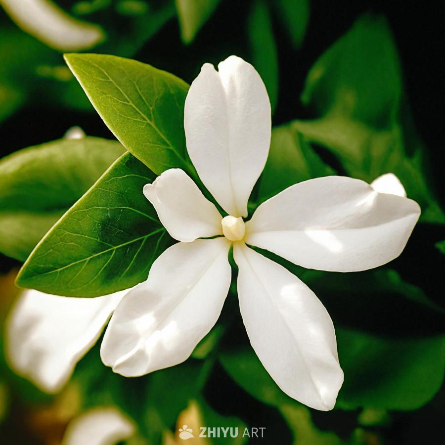 一朵美丽的白色花朵，可能是茉莉花，以特写视角呈现。