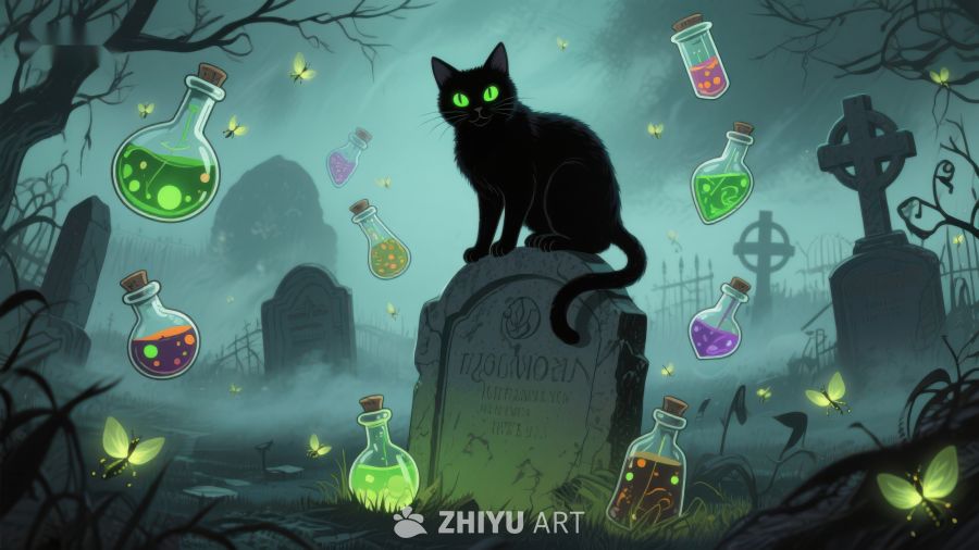 墓地夜景中的黑猫与魔法瓶