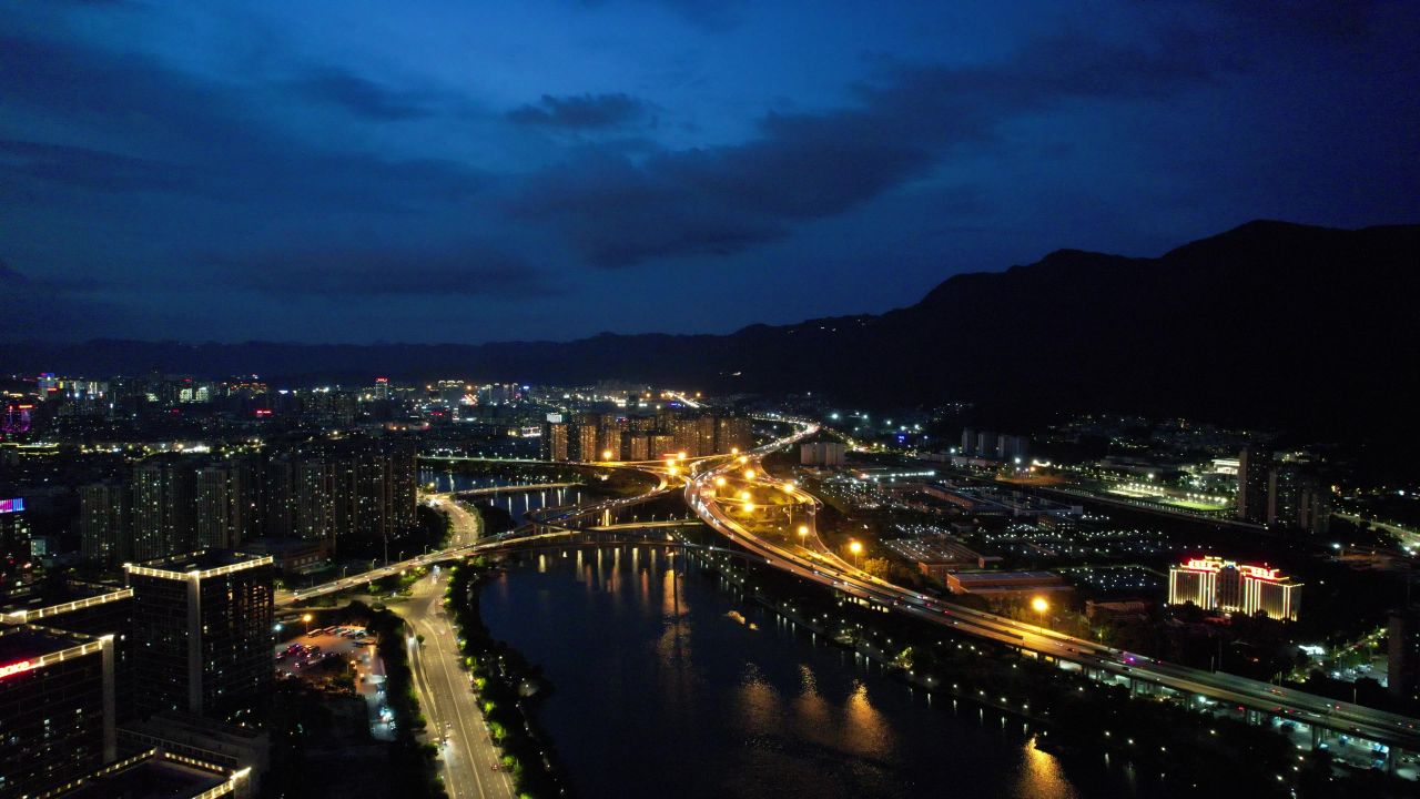 福建福州闽江两岸夜景航拍 